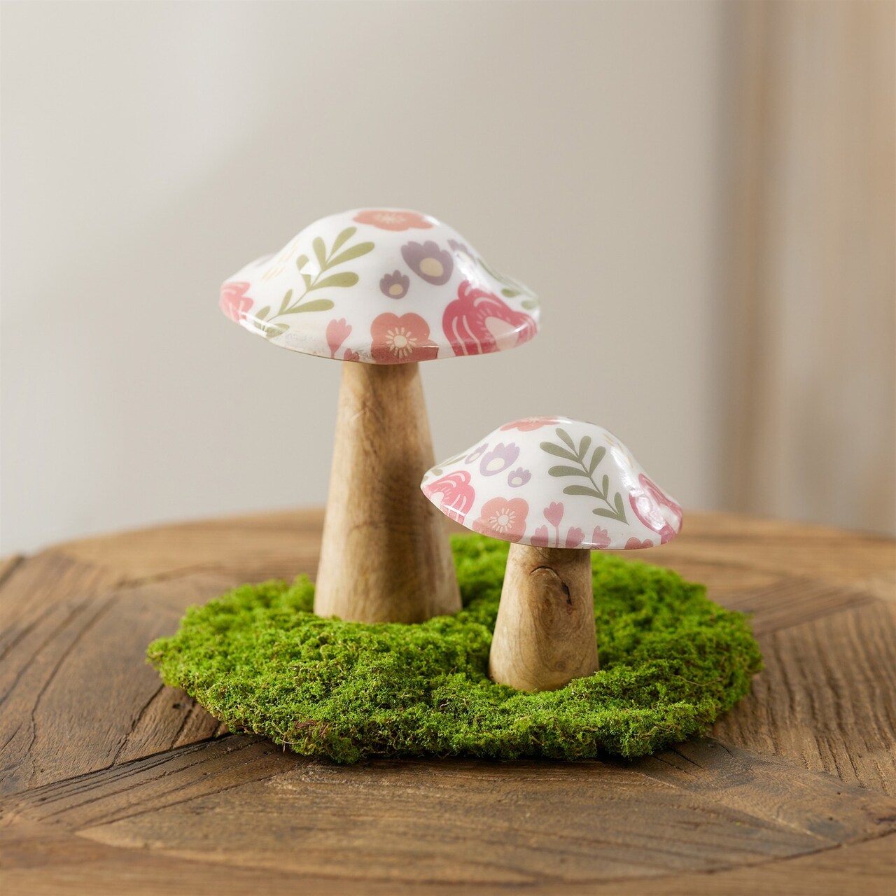 Melrose Floral Mango Wood Mushroom Decorations - 6.5" - Brown and Pink - Set of 2